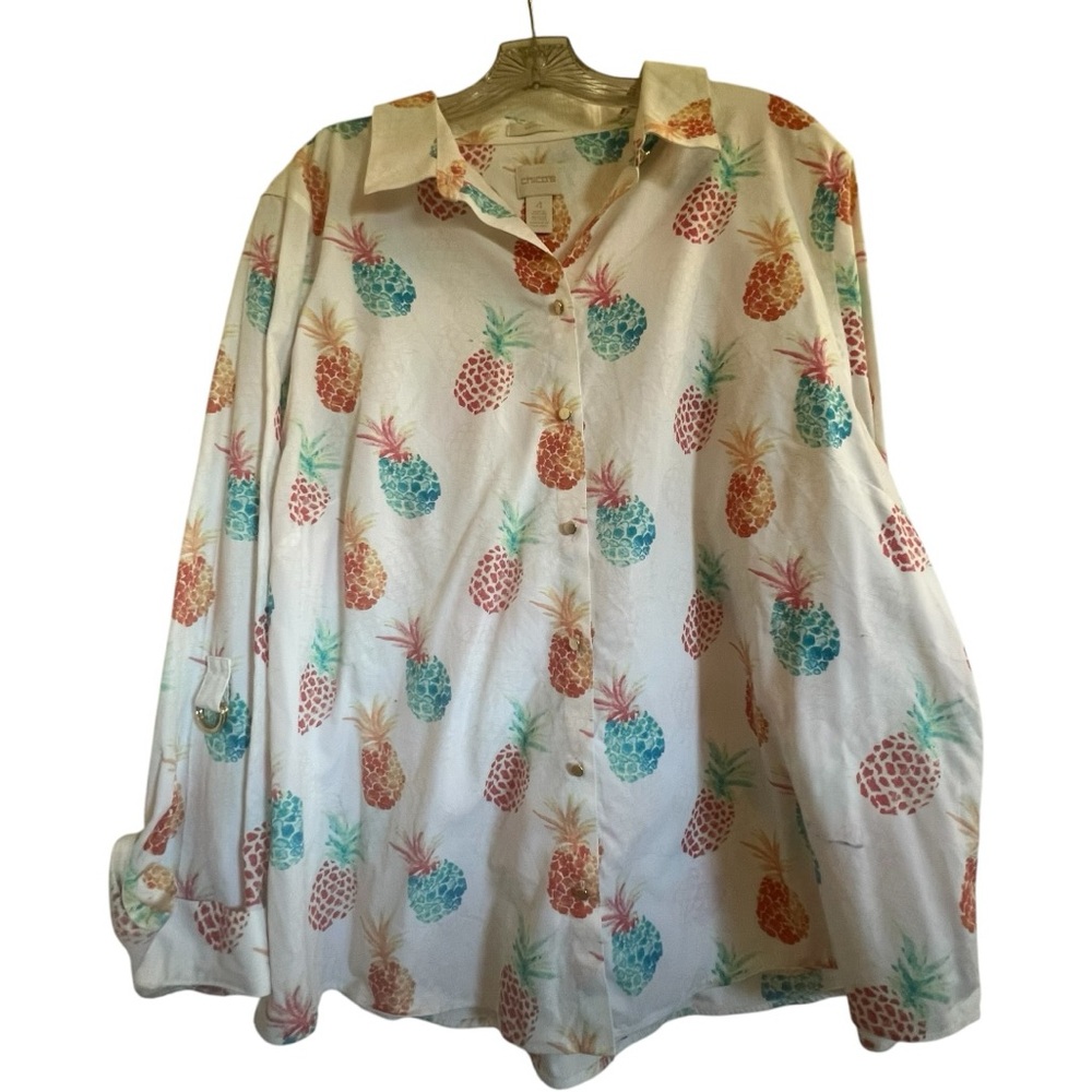 Chico's size 4 = 20 XXL Button Down Shirt non iron aqua pineapples long sleeve